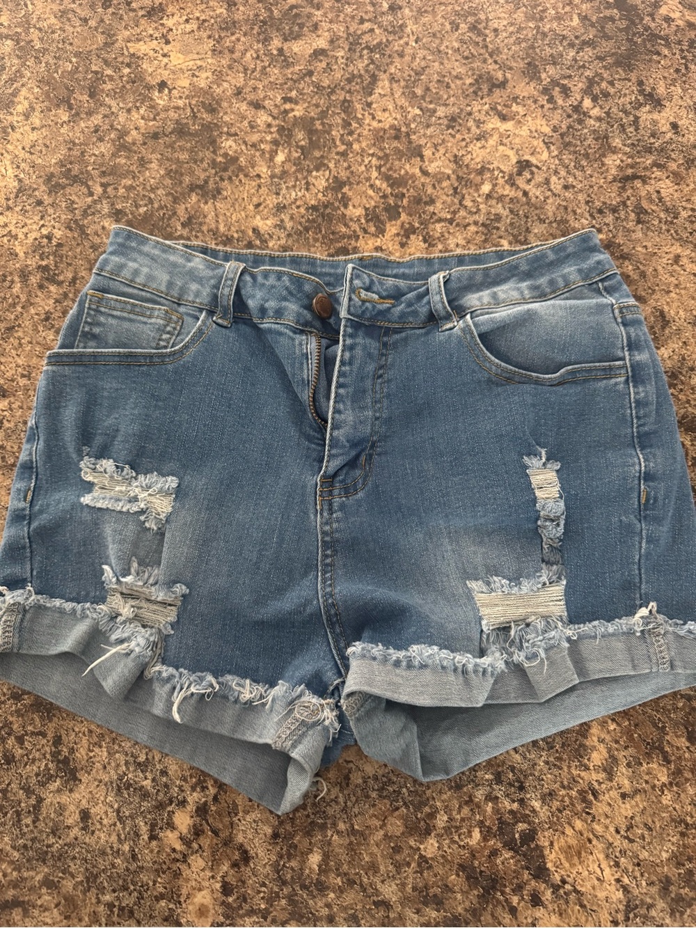 Women's Blue Distressed Denim Jean Shorts - Frayed Hem